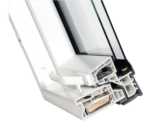 Querschnitt eines Kunststofffensters mit Glas