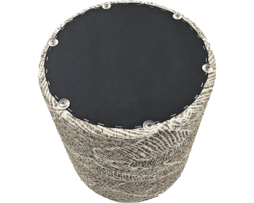 Gepolsterter Hocker mit gemustertem Stoffbezug und Schrauben