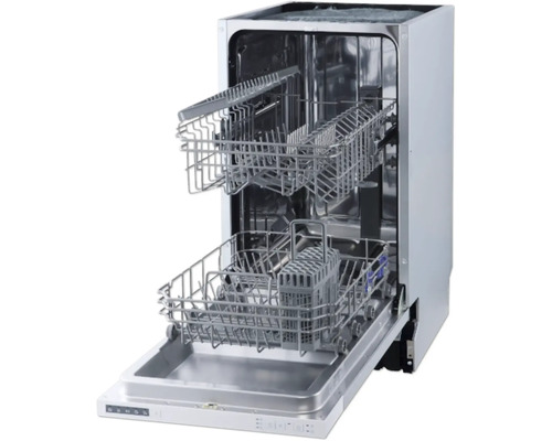 Lave-vaisselle ouvert avec deux paniers à vaisselle et un panier à couverts