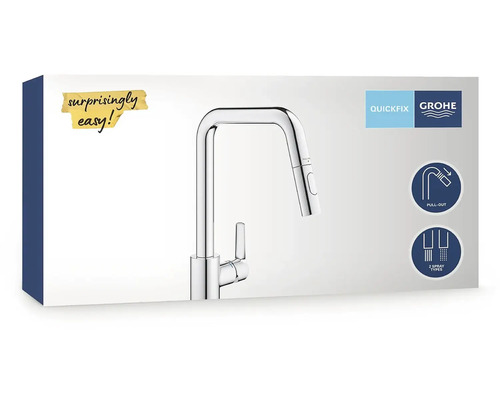 Verpackung einer Grohe Küchenarmatur mit Ausziehfunktion und zwei Strahlarten