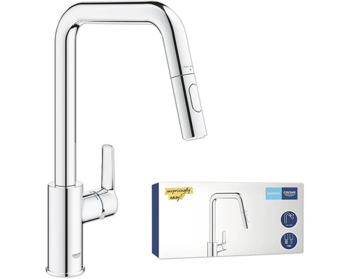 Küchenarmatur mit herausziehbarer Spülbrause und Produktverpackung