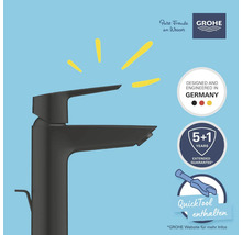 Schwarze Waschtischarmatur mit den Logos Grohe, Hergestellt in Deutschland, 5 plus 1 Jahre Garantie und QuickTool inklusive.