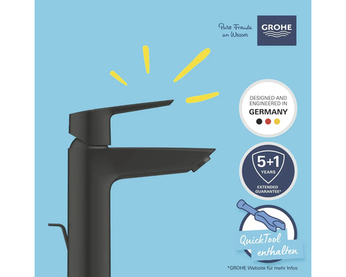 Robinet de lavabo noir avec les logos Grohe, Fabriqué en Allemagne, garantie 5 ans plus 1 an et QuickTool inclus.