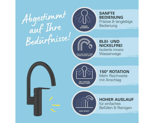 Spültischarmatur mit Produktmerkmalen wie leichtgängiger Bedienung, blei- und nickelfreien Wasserwegen, 150 Grad Drehwinkel und hohem Auslauf