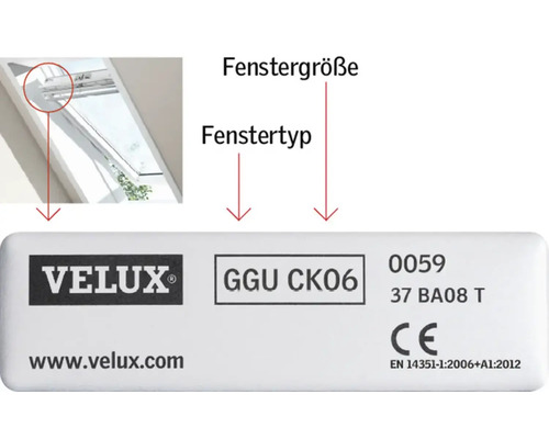 Produktidentifikationsschild für Velux Fenster zur Bestimmung von Fenstergröße und Fenstertyp. Velux Logo.