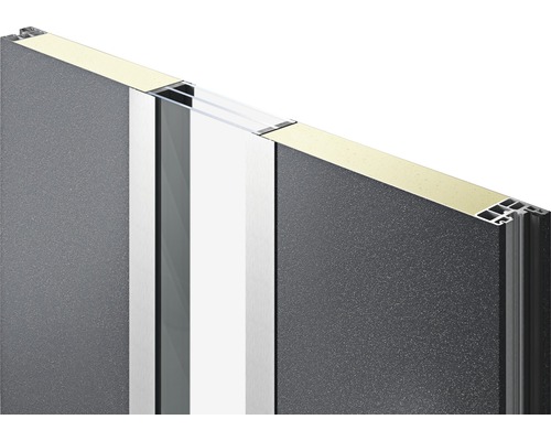 Coupe transversale d''un mur avec isolation, cadre en aluminium et élément en verre