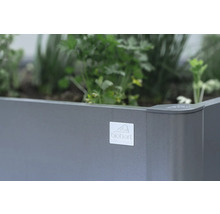 Hochbeet mit Biohort Logo und Pflanzen