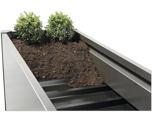 Jardinière surélevée en métal avec terre et plantation