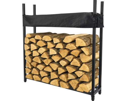 Brennholzregal aus Metall mit Holzstapel