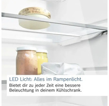 Innenraum eines Kühlschranks mit LED-Beleuchtung und Lebensmitteln