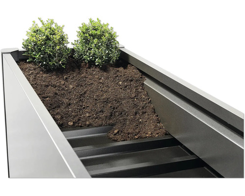 Hochbeet mit Erde und Pflanzen