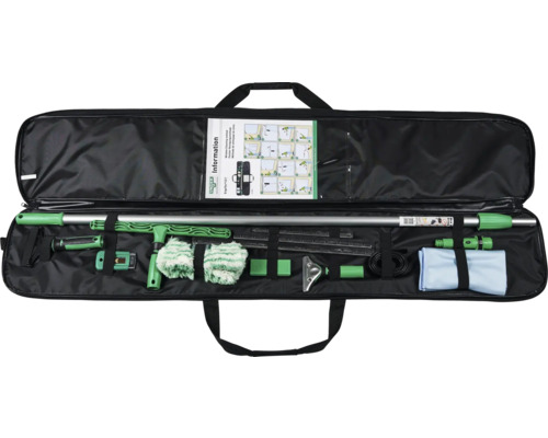 Kit de nettoyage de vitres avec manche télescopique dans un sac de transport
