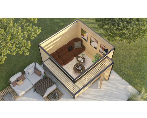 Vue de dessus d'une cabane de jardin avec coin salon et coin salon extérieur