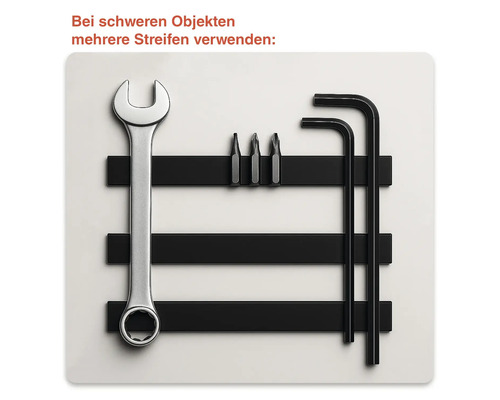 Magnetleiste mit Schraubenschlüssel, Schrauberbits und Innensechskantschlüsseln zur Werkzeugaufbewahrung