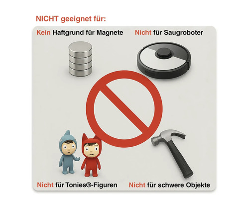 Symbolbild, das ungeeignete Gegenstände für die Verwendung mit diesem Produkt darstellt: Magnete, Saugroboter, Tonies Figuren und schwere Objekte