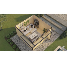 Ansicht eines Gartenhauses mit Lounge-Bereich, Regalen und Dekoration