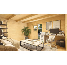 Innenansicht eines Gartenhauses mit Möbeln und Dekorationen für Wohnen und Arbeiten