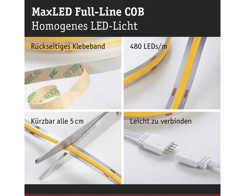 MaxLED Full Line COB LED-Streifen mit Klebeband, 480 LEDs pro Meter, alle fünf Zentimeter kürzbar und leicht zu verbinden