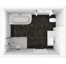 Vue de dessus d''une salle de bains avec baignoire, douche, toilettes et lavabo