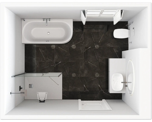 Vue de dessus d''une salle de bains avec baignoire, douche, toilettes et lavabo