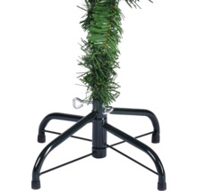 Vue détaillée d'un sapin de Noël artificiel avec support métallique et branches en plastique vertes.