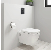 Modernes Badezimmer mit wandhängendem WC, Betätigungsplatte und Toilettenpapierhalter