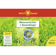 Logo Wolf Garten. Anti-mousse plus engrais pour gazon, 3,5 kilogrammes pour 100 mètres carrés de pelouse.