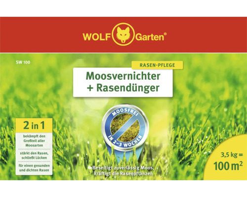 Wolf Garten Logo. Moosvernichter plus Rasendünger, 3,5 Kilogramm für 100 Quadratmeter Rasenfläche.