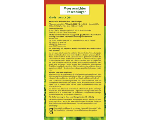 WOLF-Garten Moosvernichter plus Rasendünger, Hinweise zur Anwendung und Entsorgung.