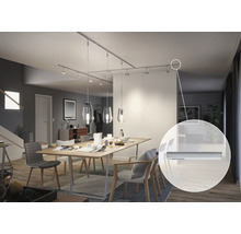 Salle à manger avec table et rail de plafond avec spots et suspensions.