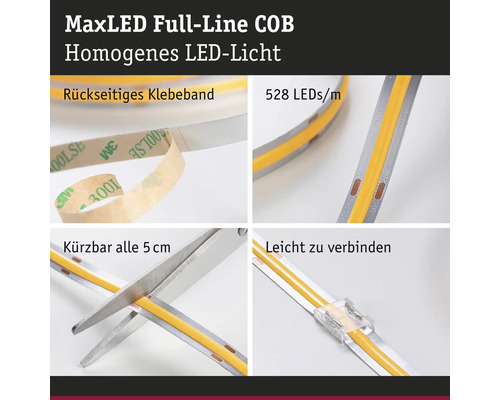 MaxLED Full-Line COB LED-Lichtband mit rückseitigem Klebeband, 528 LEDs pro Meter, kürzbar alle 5 cm und leicht zu verbinden.