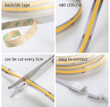 LED-Streifen mit Klebeband auf der Rückseite, 480 LEDs pro Meter, alle 5 cm zuschneidbar und einfach anzuschließen