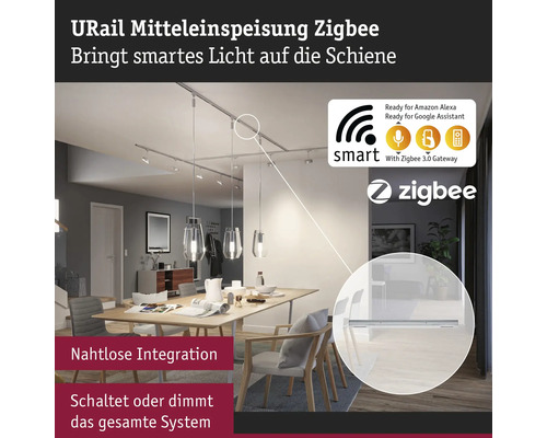 URail Mitteleinspeisung Zigbee in einem Esszimmer mit Esstisch und Stühlen sowie Smart und Zigbee Logos