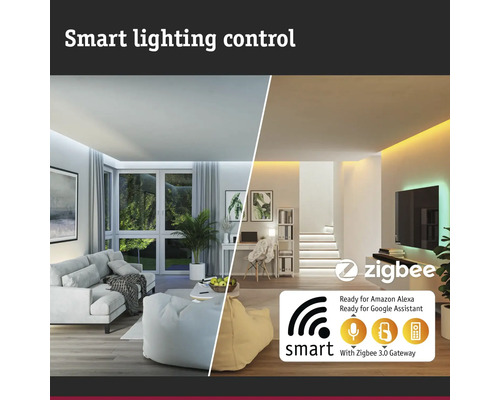 Smart Home Beleuchtung mit Zigbee Steuerung in Wohnräumen.