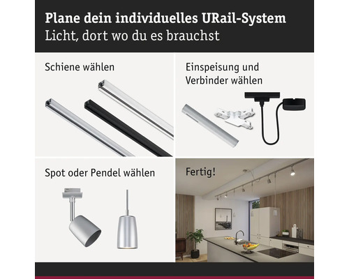 Planung eines individuellen URail-Systems: Auswahl von Schienen, Einspeisung, Verbindern, Spots oder Pendelleuchten für die Beleuchtung.