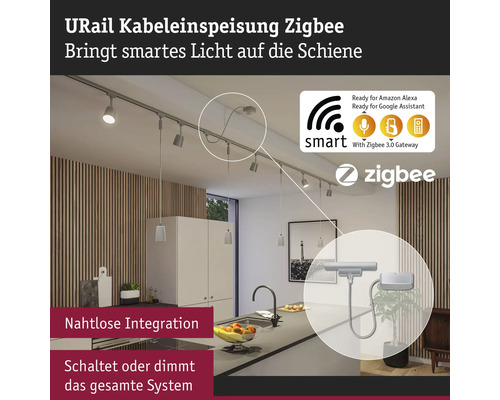 URail Kabeleinspeisung Zigbee in einer modernen Küche mit Schienensystem und Smart Home Integration.