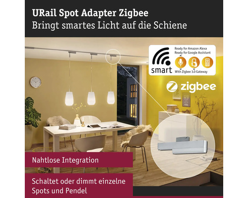 URail Spot Adapter Zigbee in einem Esszimmer mit Pendelleuchten und intelligenten Funktionen.