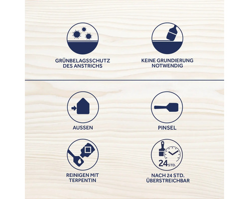 Symbole für die Produkteigenschaften: Schutz vor Grünbelag, keine Grundierung notwendig, für den Außenbereich, Pinsel, Reinigung mit Terpentin, nach 24 Stunden überstreichbar