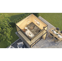 Vue de dessus d'un pavillon de jardin avec coin salon et table à manger sur une terrasse pavée