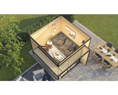 Vue de dessus d'un pavillon de jardin avec coin salon et table à manger sur une terrasse pavée