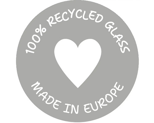 Siegel: 100 Prozent recyceltes Glas, hergestellt in Europa