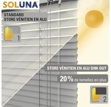 Logo Soluna, comparaison entre store vénitien standard en aluminium et store vénitien occultant en aluminium.
