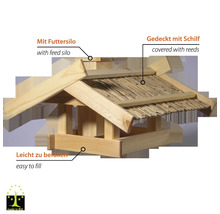 Vogelhaus aus Holz mit Schilfdach und Futterbehälter
