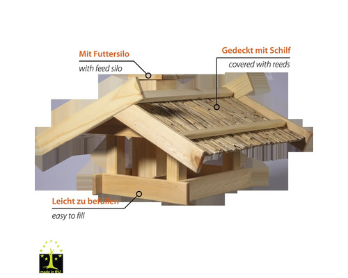 Vogelhaus aus Holz mit Schilfdach und Futterbehälter