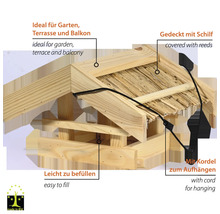 Vogelhaus aus Holz mit Schilfdach und Kordel zum Aufhängen