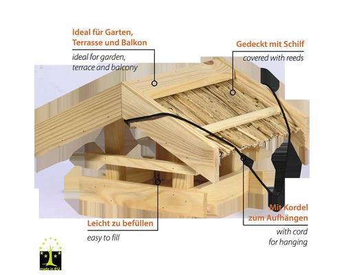 Vogelhaus aus Holz mit Schilfdach und Kordel zum Aufhängen