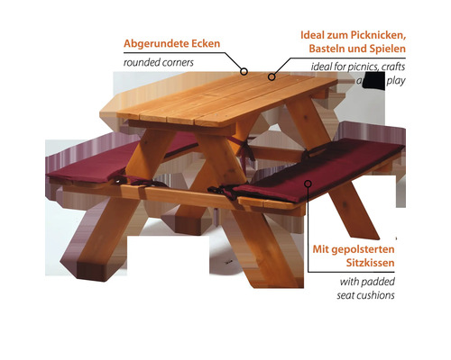 Holz-Picknicktisch mit abgerundeten Ecken und gepolsterten Sitzkissen