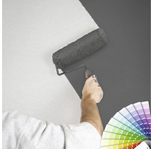 Eine Person streicht eine Wand mit einer Farbwalze und einer Farbpalette.