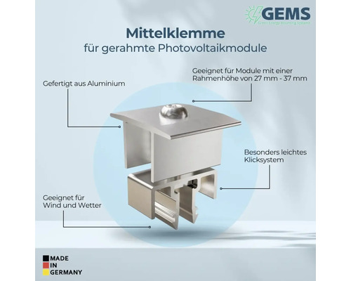 Mittelklemme für gerahmte Photovoltaikmodule aus Aluminium für Modulrahmen von 27 mm bis 37 mm