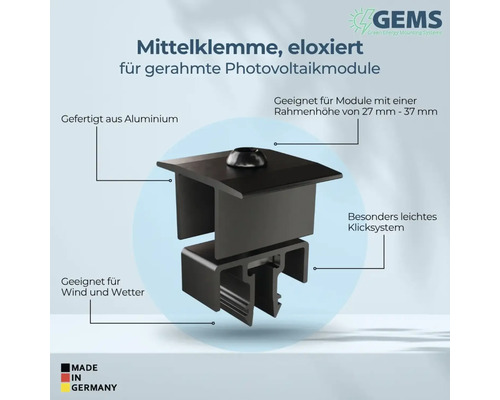 Eloxierte Mittelklemme für gerahmte Photovoltaikmodule aus Aluminium, geeignet für Modulrahmenhöhen von 27 mm bis 37 mm, mit Klicksystem. Made in Germany.